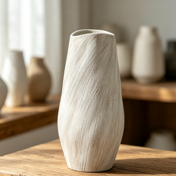 14" Tall White Modern Ceramic Beige Vase